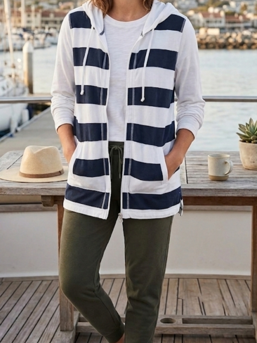 Tommy Bahama Rugby Nautical Blue/White Striped Full Zip Hooded jacket Hoodie M